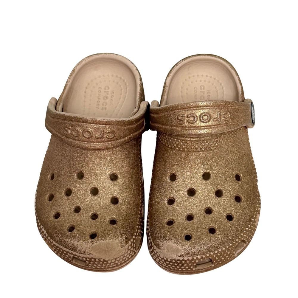 Crocs Classic Clog Kids Gold Glitter Metallic Sparkly Slip On Sandals Size C8 - Picture 2 of 6